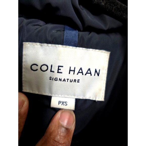 Cole Haan Women's PXS Navy Quilted Long Puffer Coat Detachable Hood Gold Elastic - Picture 7 of 8